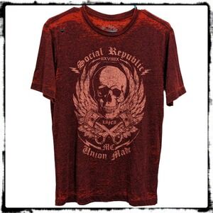 Social Republic Skull Wings Wrenches T-shirt Red Black Thin Lightweight Men's S